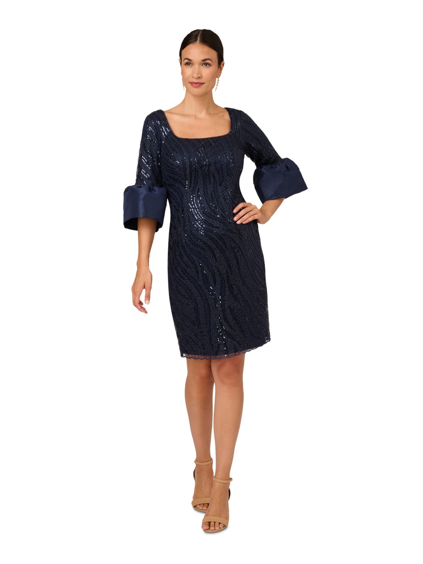 ADRIANNA PAPELL Womens Navy Sequined Zippered Lined Lace Bell Sleeve Square Neck Above The Knee Cocktail Sheath Dress 12