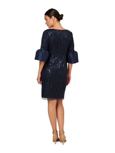 ADRIANNA PAPELL Womens Navy Sequined Zippered Lined Lace Bell Sleeve Square Neck Above The Knee Cocktail Sheath Dress 12