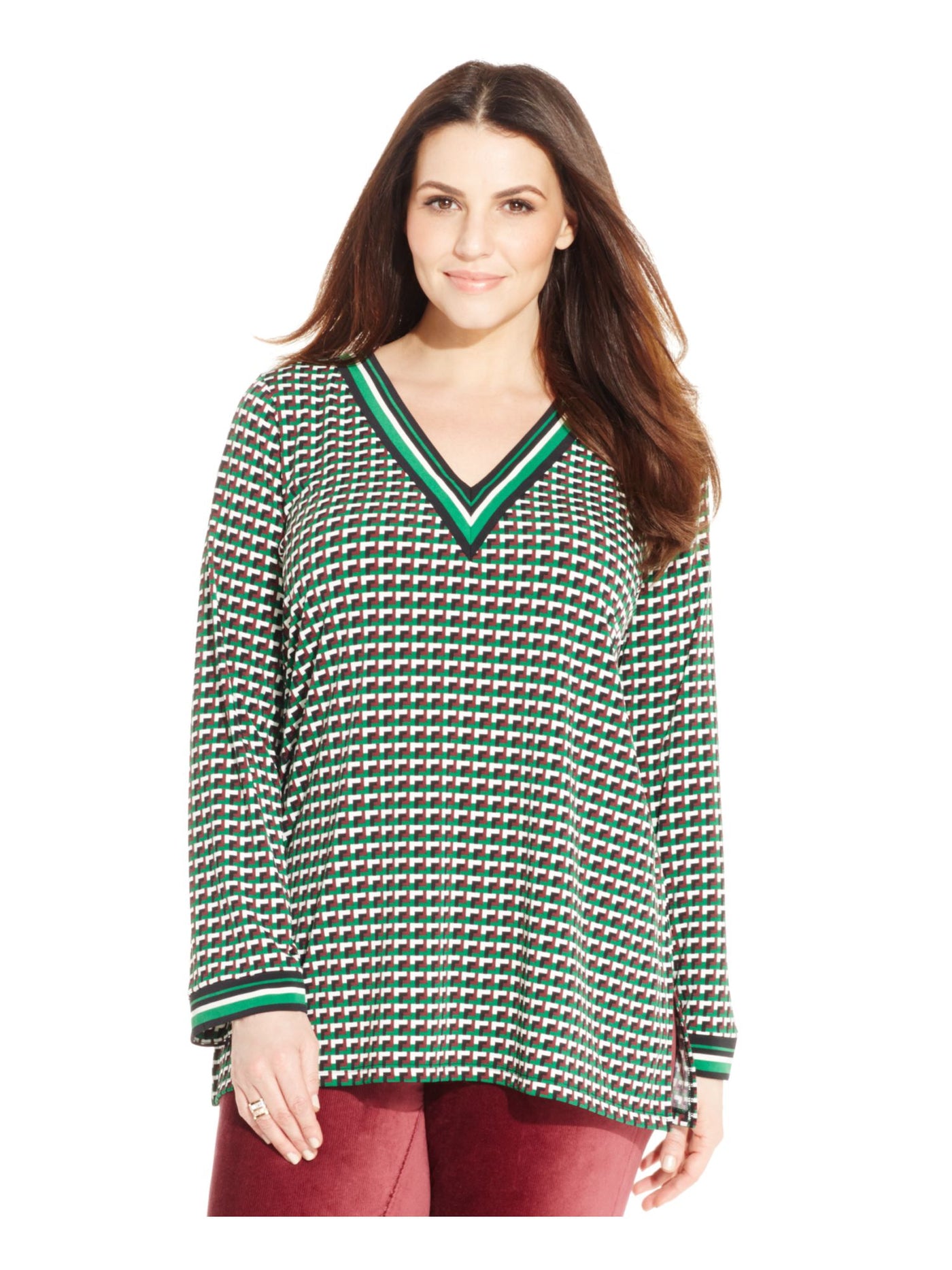 MICHAEL KORS Womens Green Geometric Long Sleeve V Neck Tunic Top Plus 0X