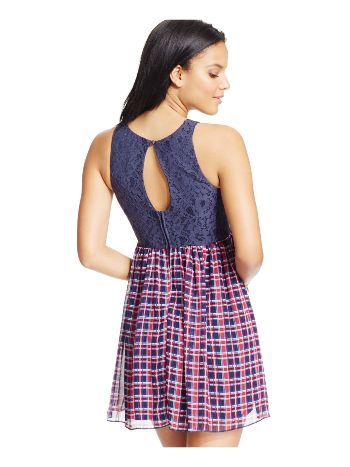 EMERALD SUNDAE Womens Navy Lace Plaid Sleeveless Jewel Neck Above The Knee Fit + Flare Dress Juniors 7