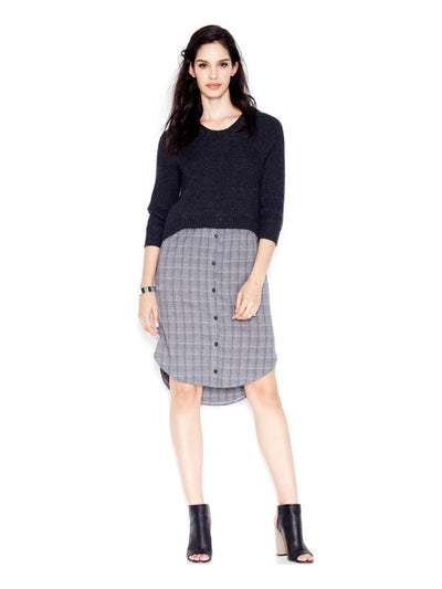 RACHEL ROY Womens Gray Plaid 3/4 Sleeve Crew Neck Below The Knee Tunic Dress XS