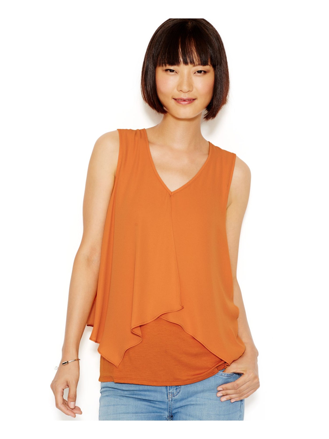 BAR III Womens Orange Sleeveless V Neck Tiered Top XS