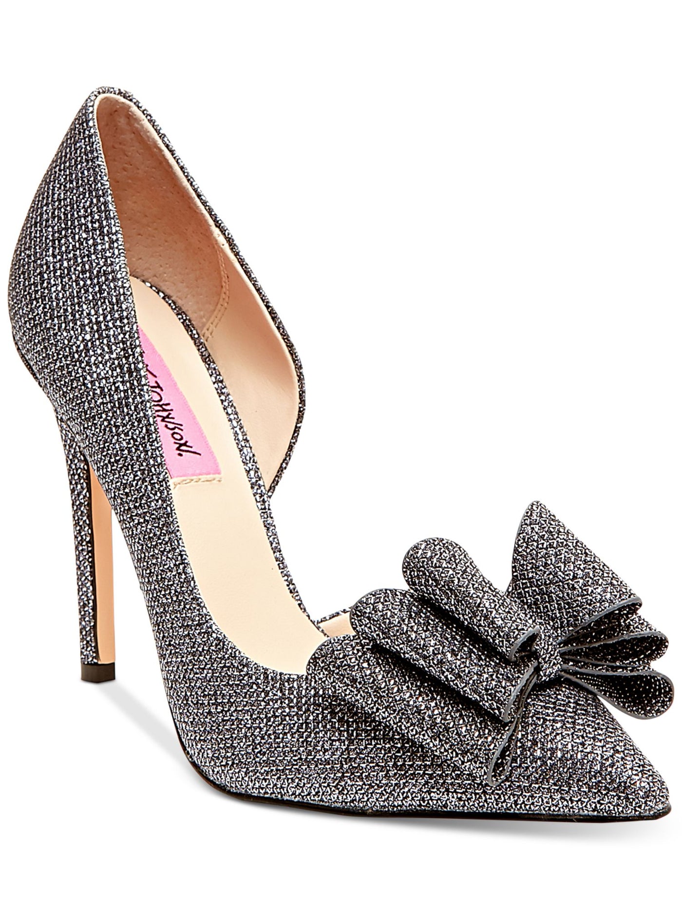 BETSEY JOHNSON Womens Silver Metallic Glitter Padded Bow Accent D Orsay Prince Pointed Toe Stiletto Slip On Dress Pumps Shoes 9 M