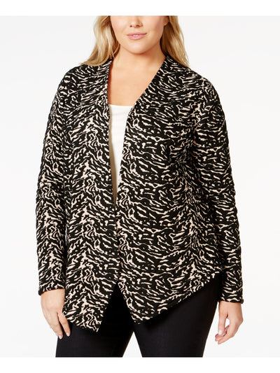 CALVIN KLEIN Womens Black Textured Draped Front Animal Print Long Sleeve Collared Blazer Jacket Plus 1X