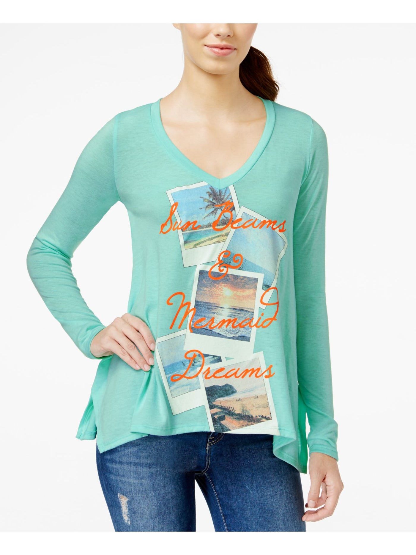 BELLE DU JOUR Womens Green Beach Pictures w/ Sun Beams & Mermaid Dreams Long Sleeve V Neck Top XS