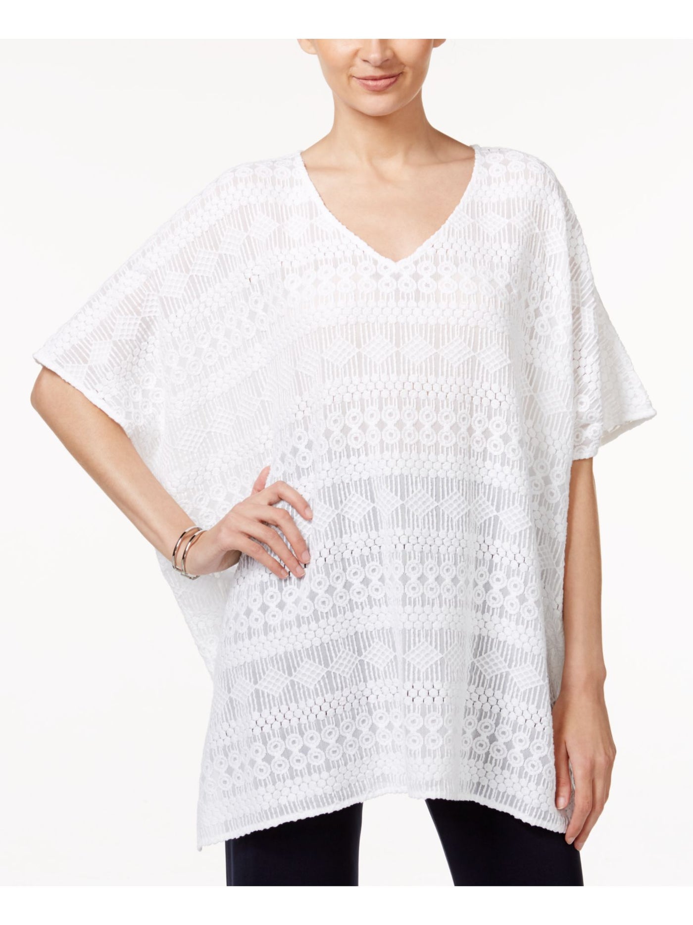 ALFANI Womens White Lace Dolman Sleeve Scoop Neck Top M