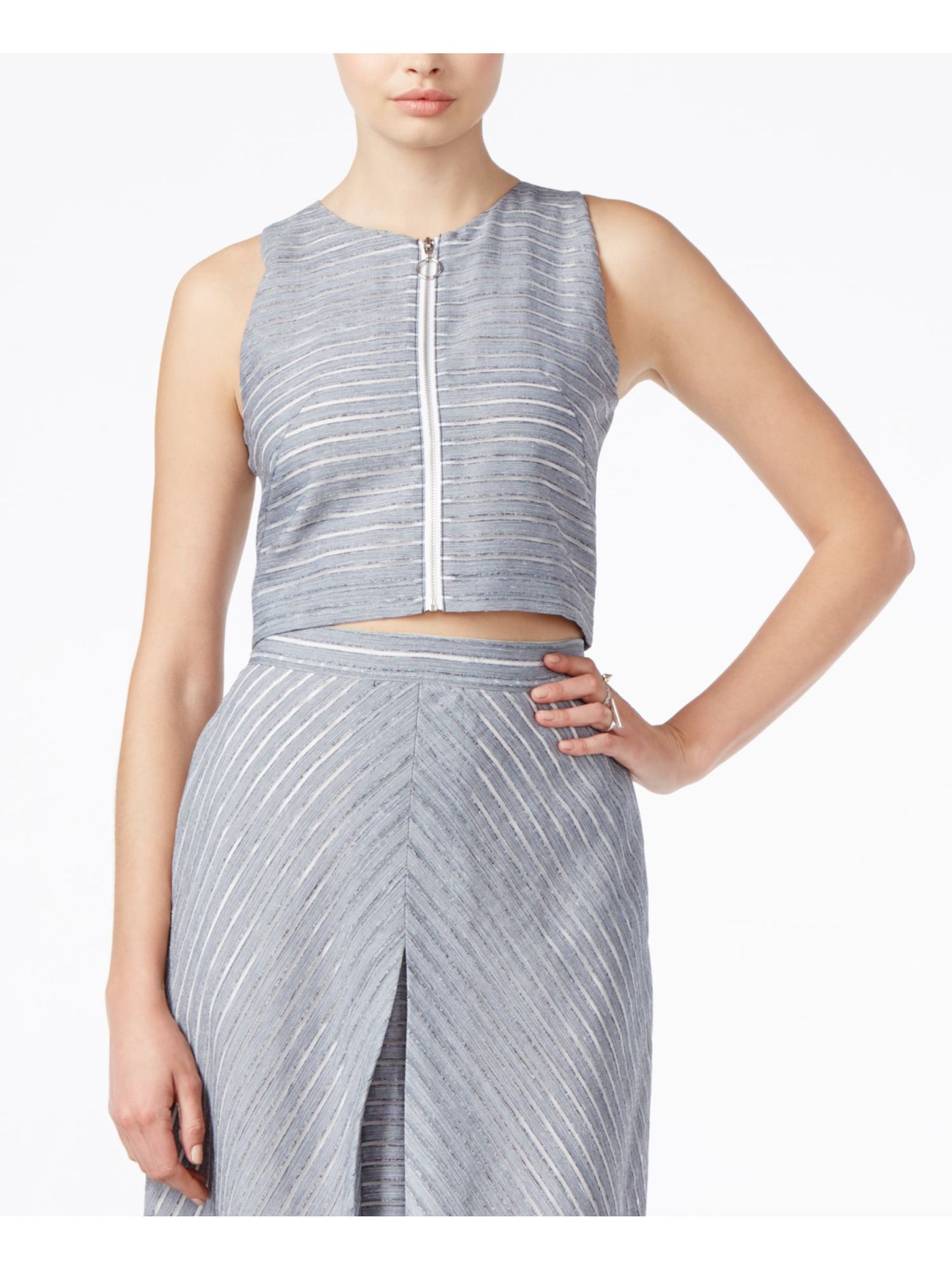 RACHEL ROY Womens Blue Striped Sleeveless Zip Neck Crop Top Size: 6