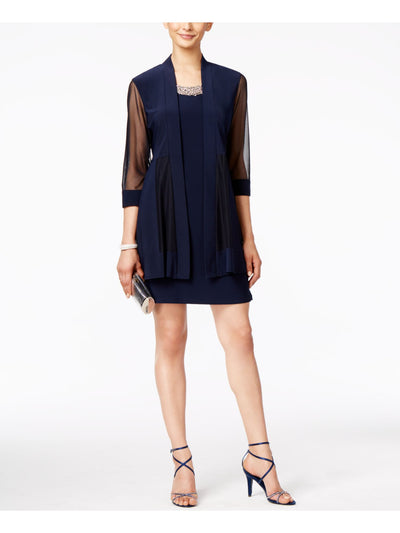 R&M RICHARDS Womens Navy 3/4 Sleeve Open Front Cardigan Petites 6P