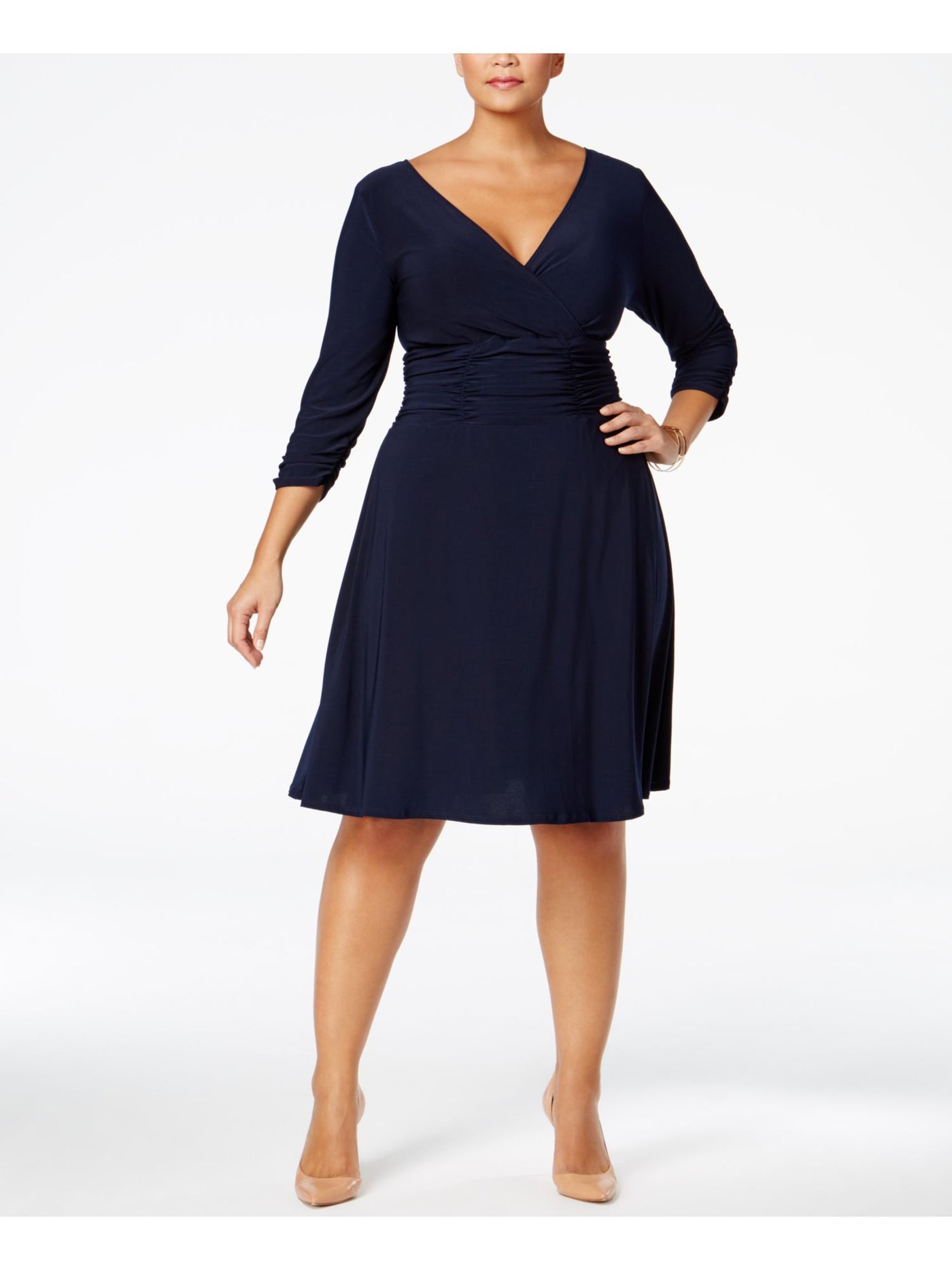 NY COLLECTION Womens Navy Ruched 3/4 Sleeve V Neck Knee Length Wear To Work A-Line Dress Plus 2X