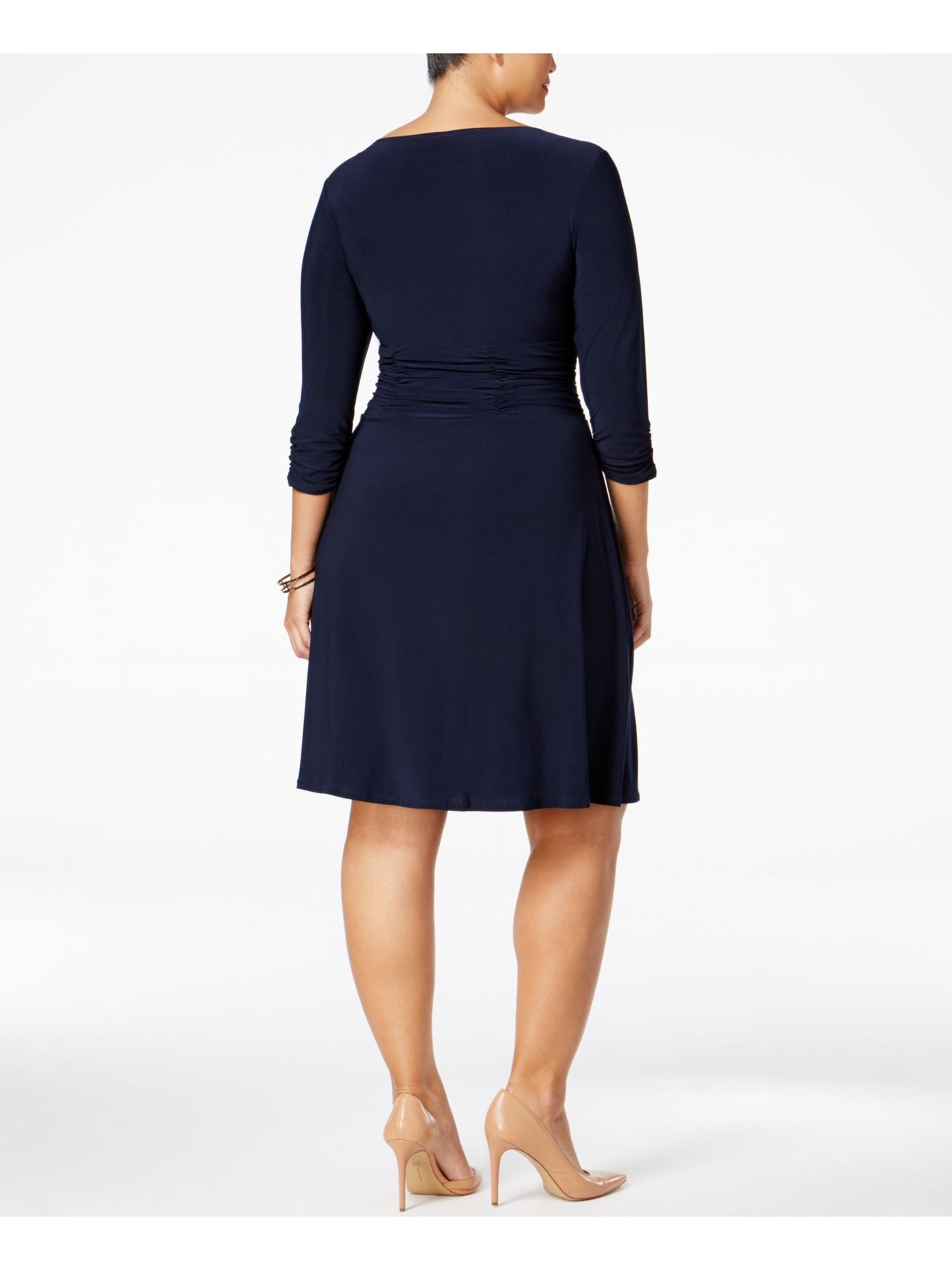 NY COLLECTION Womens Navy Ruched 3/4 Sleeve V Neck Knee Length Wear To Work A-Line Dress Plus 2X