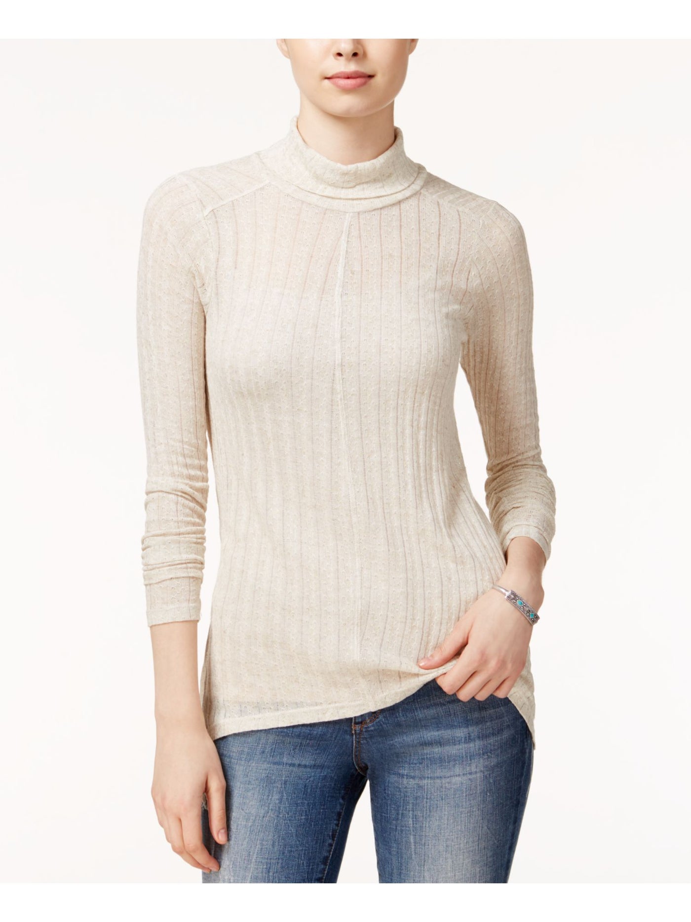 LUCKY BRAND Womens Beige Slitted Long Sleeve Turtle Neck Hi-Lo Top L