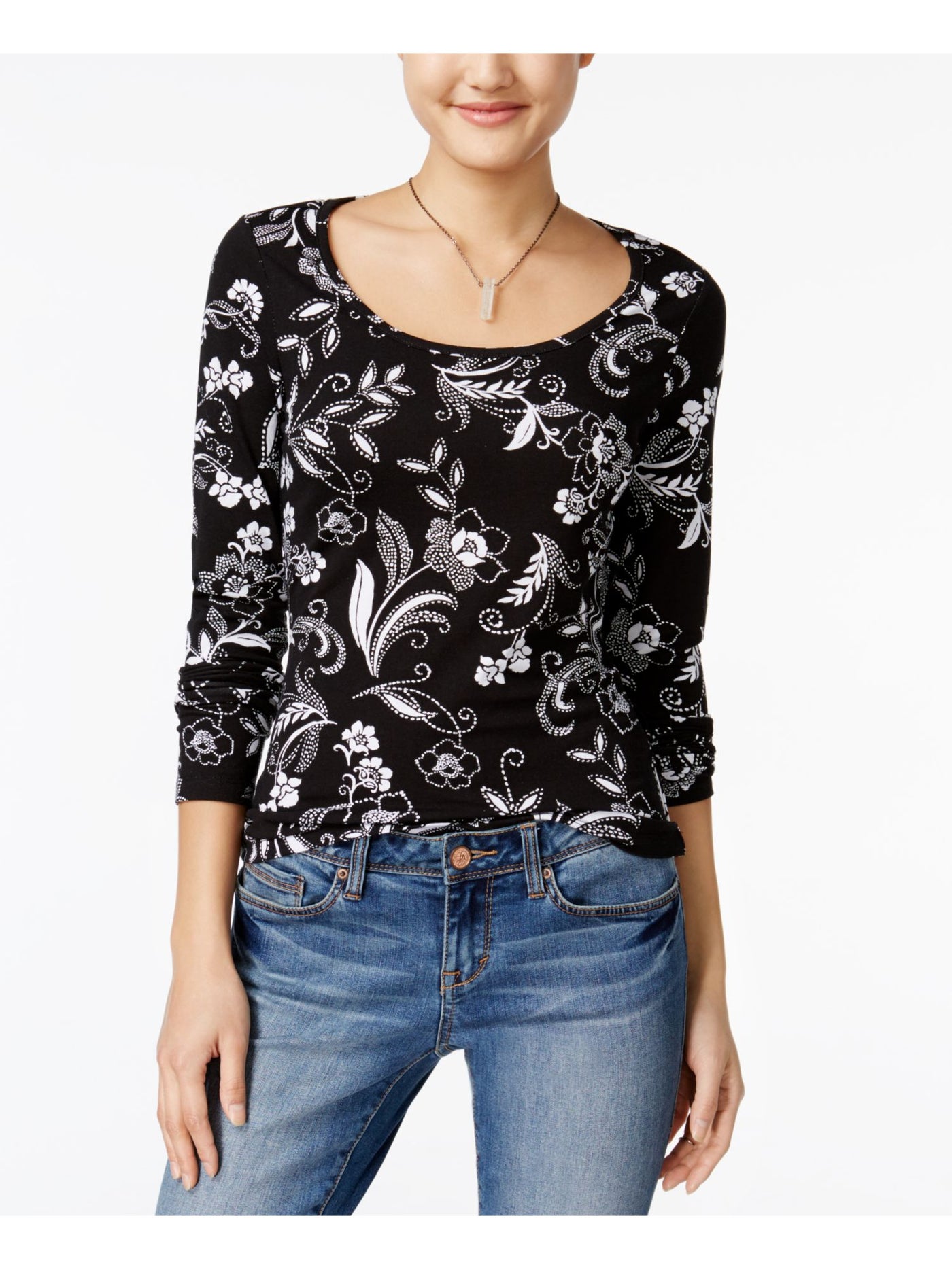 ENERGIE Womens Black Floral Long Sleeve Jewel Neck Top Juniors M