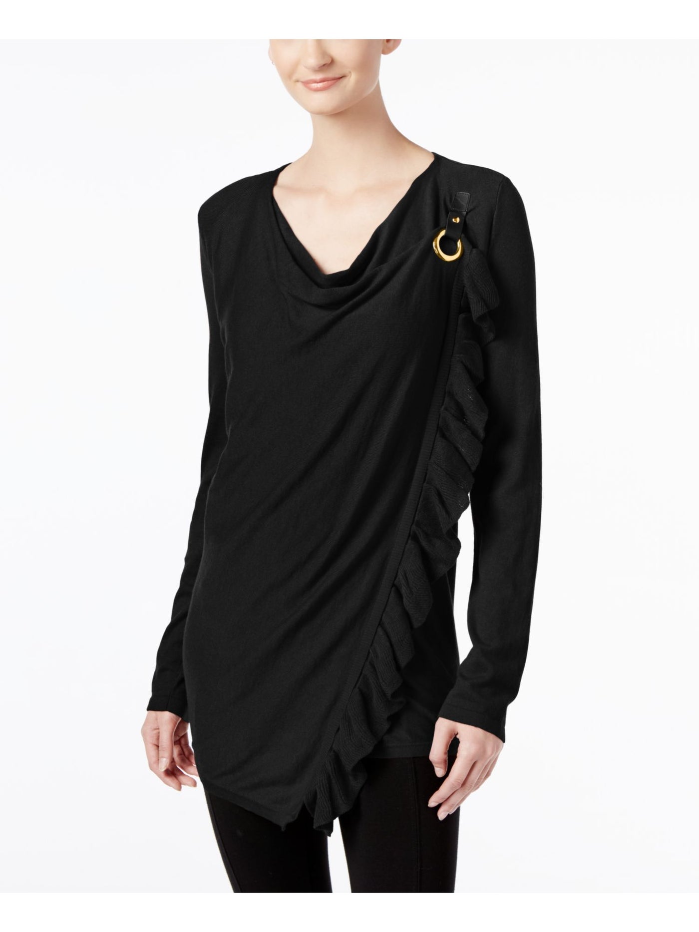 INC Womens Black Drape Neck Long Sleeve Faux Wrap Sweater L