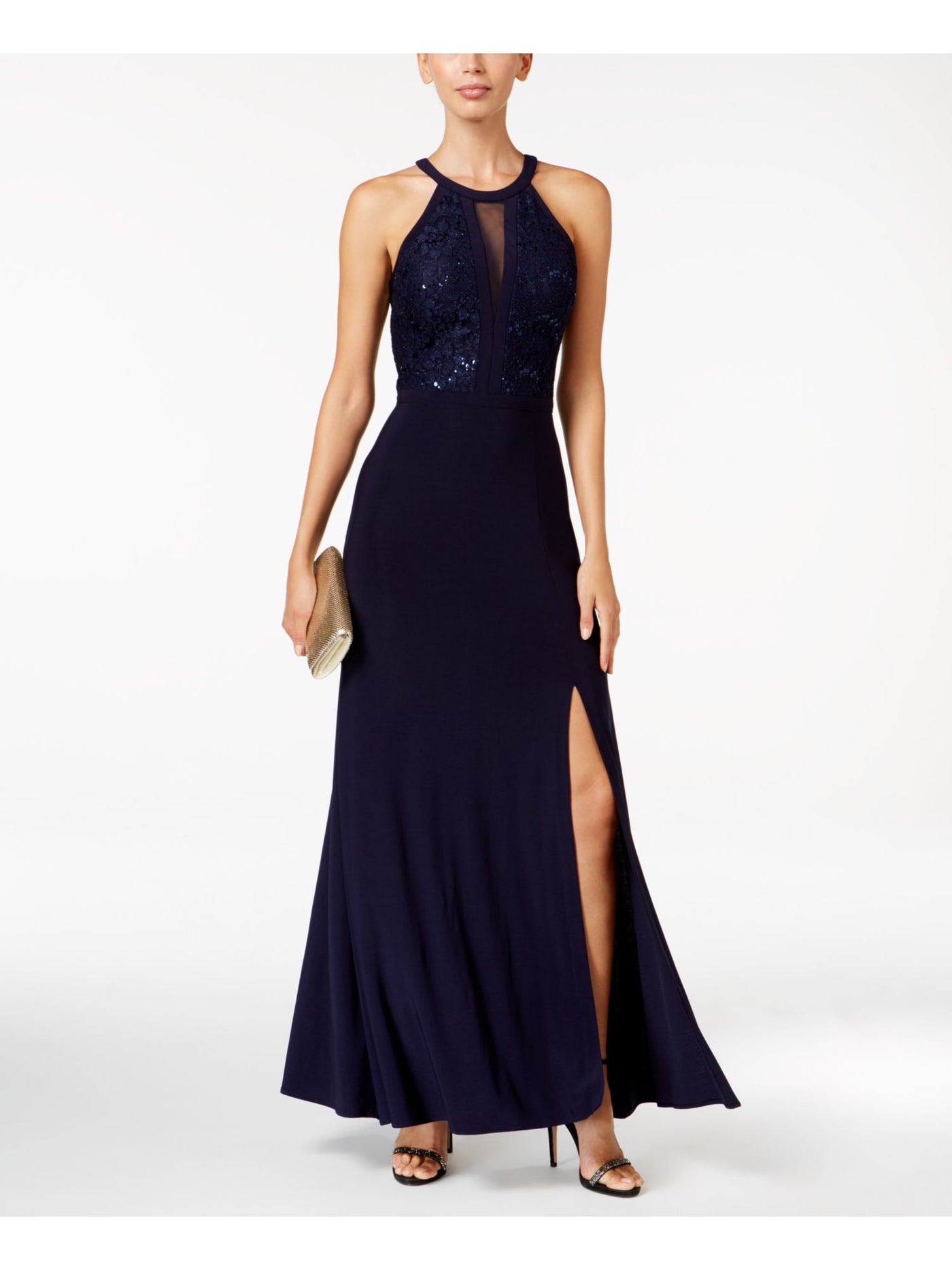 NIGHTWAY Womens Navy Sequined Gown Sleeveless Halter Full-Length Evening Sheath Dress Petites 6P