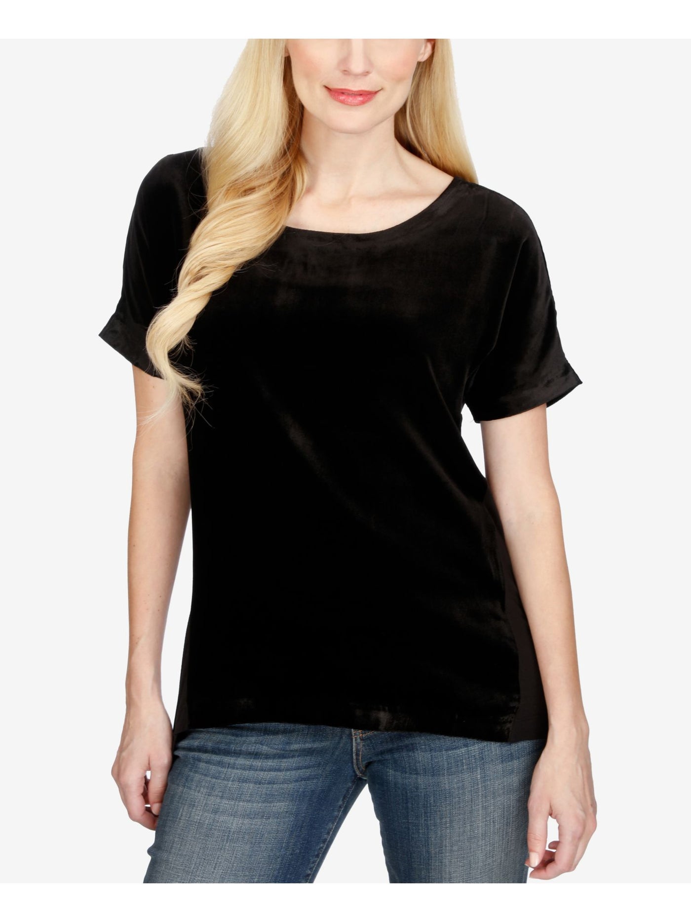 LUCKY BRAND Womens Black Faux Suede Short Sleeve Scoop Neck Top S