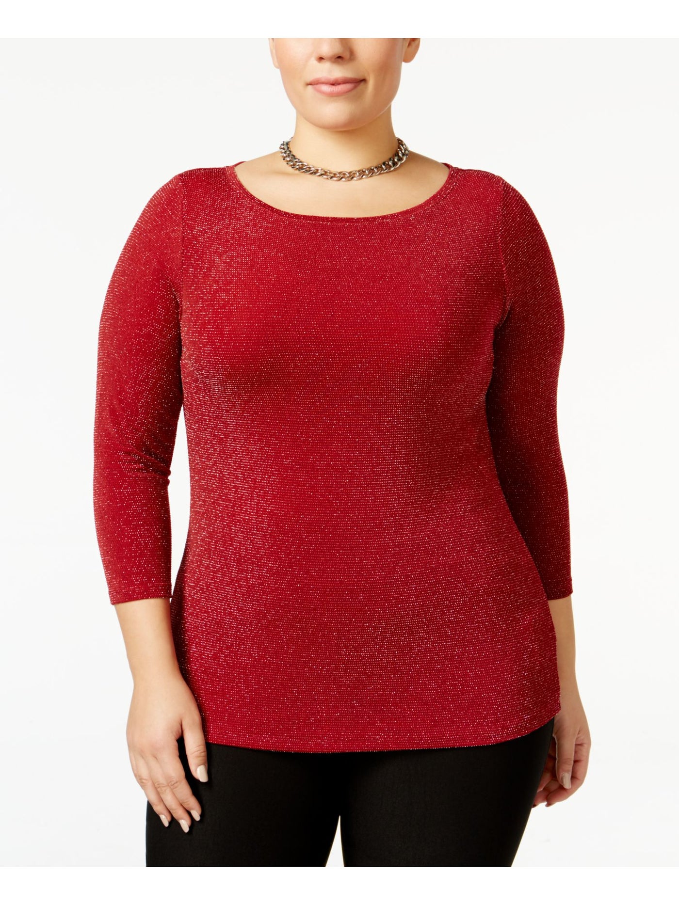 MICHAEL MICHAEL KORS Womens Red Stretch Metallic 3/4 Sleeve Boat Neck Sweater Plus 2X