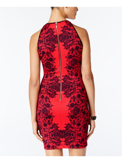 B DARLIN Womens Red Zippered Printed Sleeveless Halter Short Party Body Con Dress 5\6