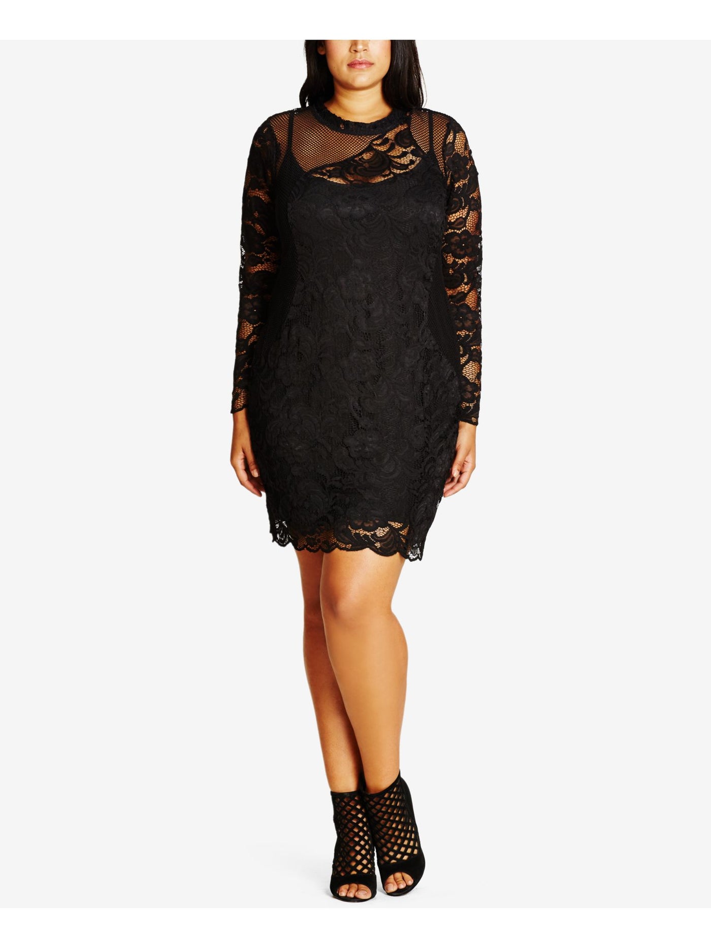CITY CHIC Womens Black Stretch Lace Scalloped Mesh Panel Floral Long Sleeve Crew Neck Above The Knee Party Sheath Dress Plus M\18