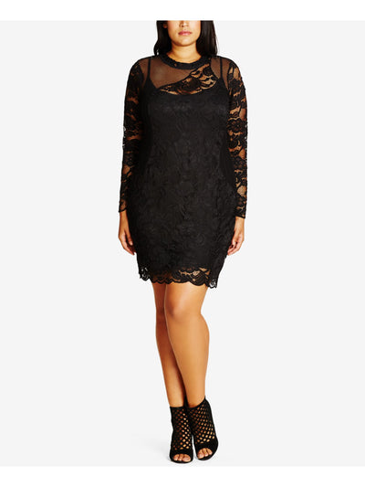 CITY CHIC Womens Black Stretch Lace Scalloped Mesh Panel Floral Long Sleeve Crew Neck Above The Knee Party Sheath Dress Plus M\18