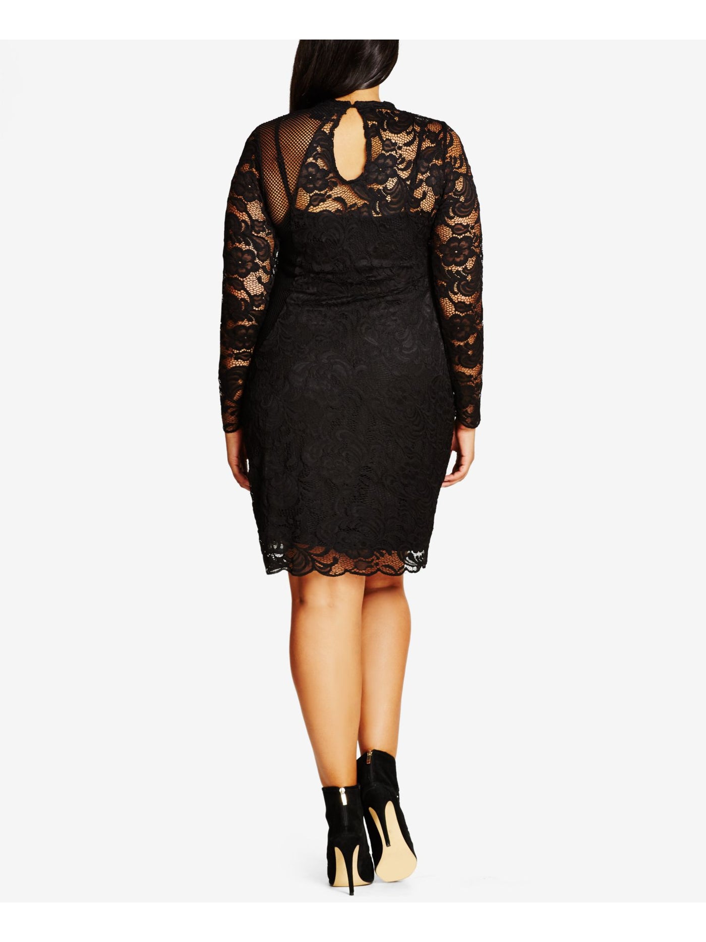 CITY CHIC Womens Black Stretch Lace Scalloped Mesh Panel Floral Long Sleeve Crew Neck Above The Knee Party Sheath Dress Plus M\18