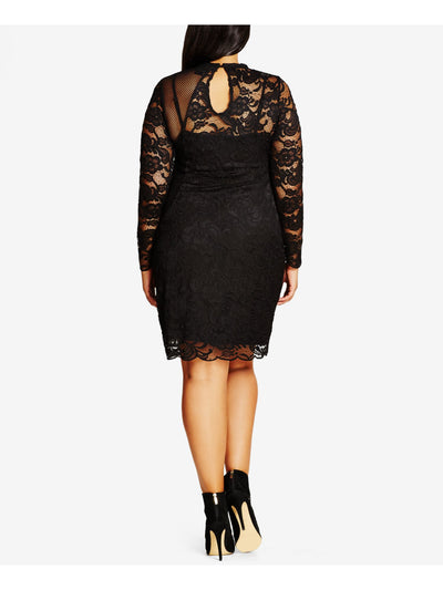 CITY CHIC Womens Black Stretch Lace Scalloped Mesh Panel Floral Long Sleeve Crew Neck Above The Knee Party Sheath Dress Plus M\18