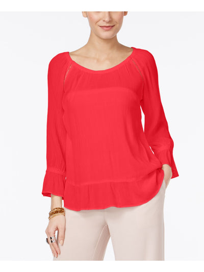 INC Womens Red Textured Bell Sleeve Off Shoulder Peasant Top XS