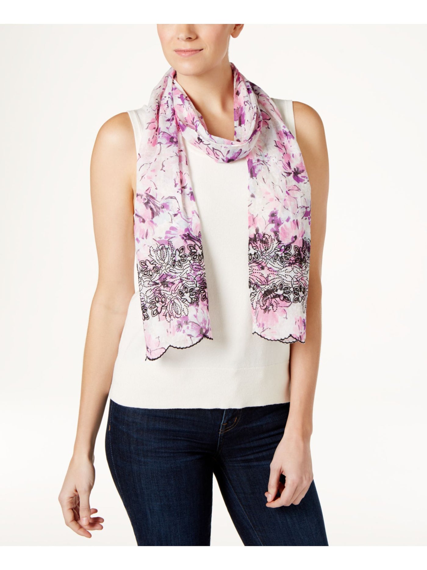 INC Womens Purple Eyelet Floral Skinny Lightweight Scarf