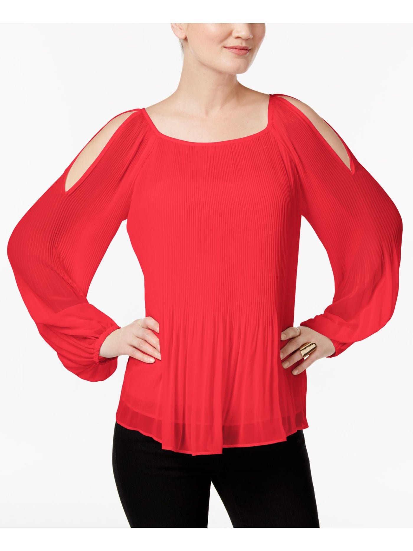 INC Womens Coral Cut Out Pleated Long Sleeve Scoop Neck Top XL