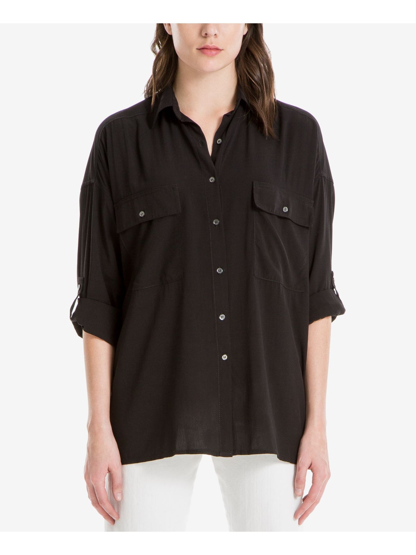 MAX STUDIO Womens Black Pocketed Cuffed Sleeve Collared Button Up Top XS\S