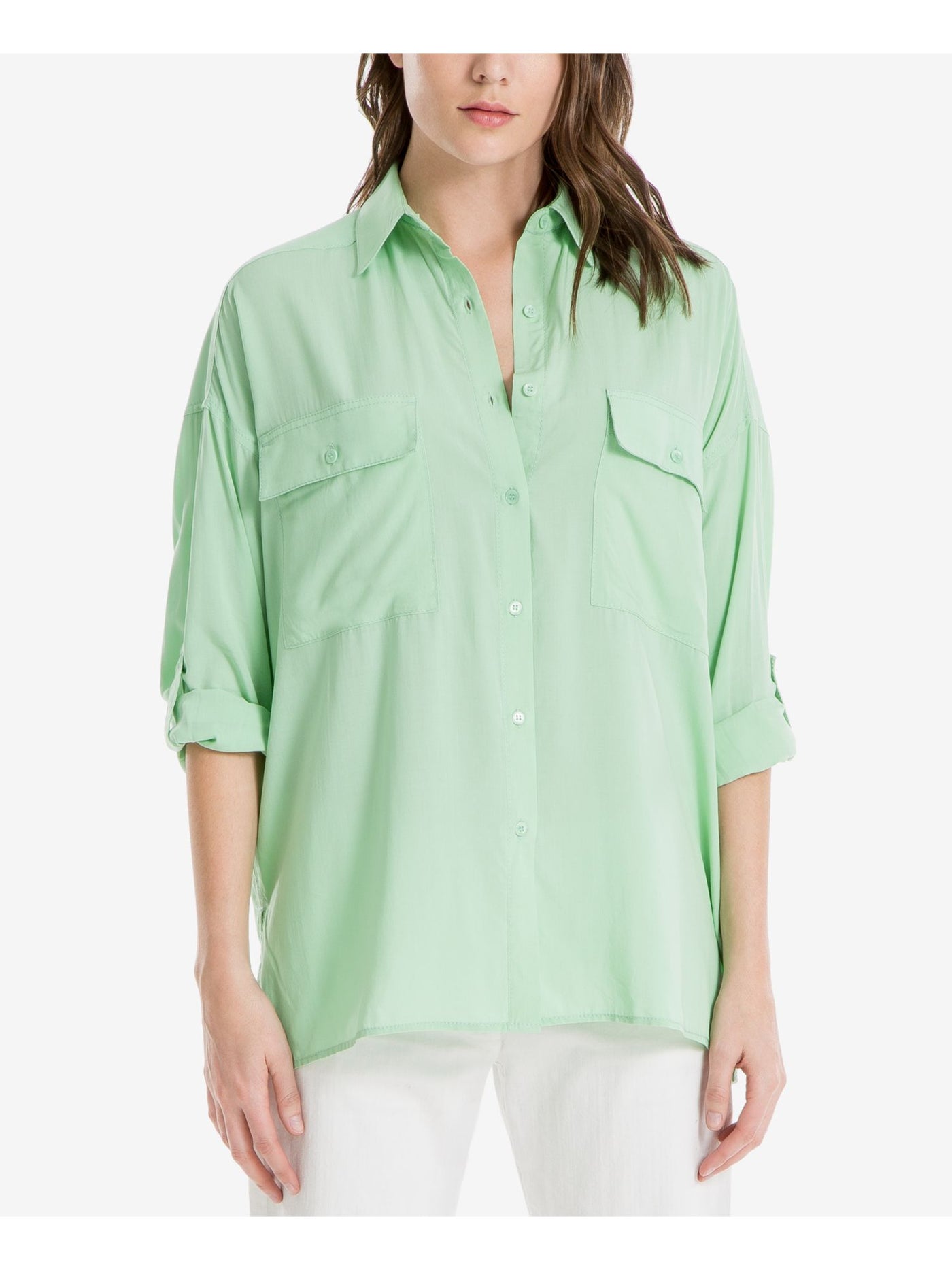 MAX STUDIO Womens Pocketed Cuffed Collared Button Up Top