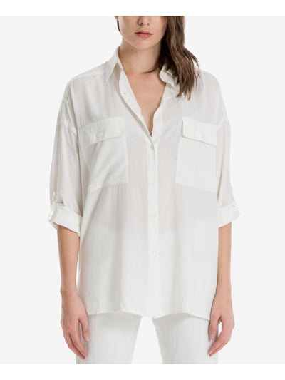 MAX STUDIO Womens White Pocketed Cuffed Sleeve Collared Button Up Top XS\S