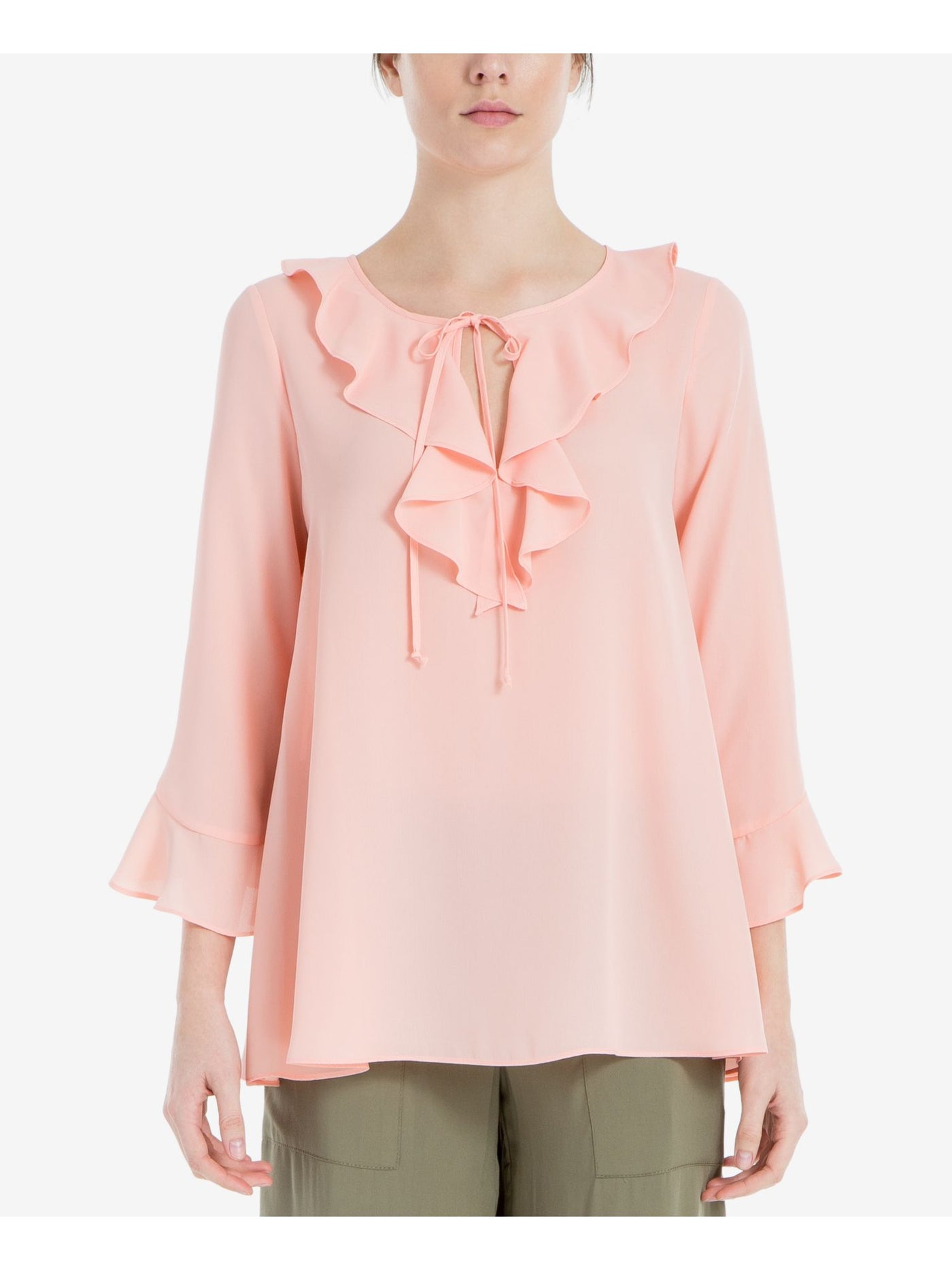 MAX STUDIO Womens Pink Ruffled Tie Long Sleeve Jewel Neck Top XS