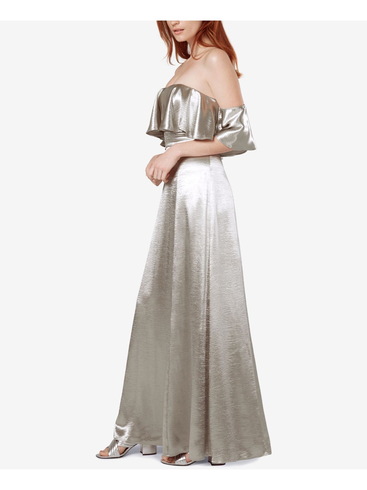 FAME AND PARTNERS Womens Silver 3/4 Sleeve Off Shoulder Full-Length Prom Sheath Dress 8