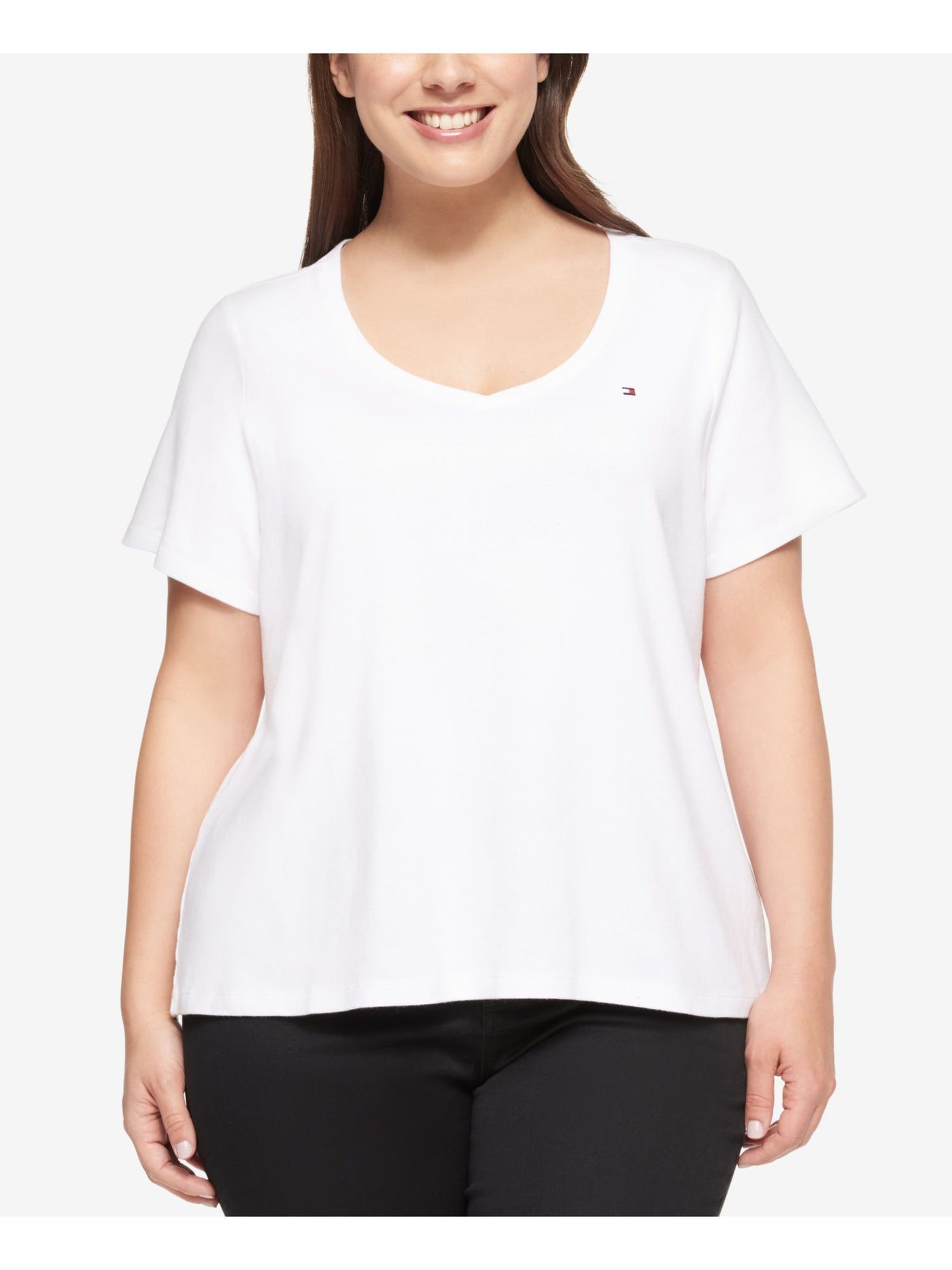 TOMMY HILFIGER Womens White Short Sleeve V Neck Top Plus 0X