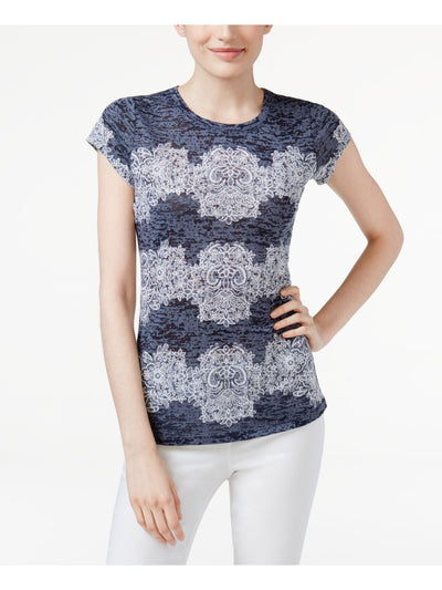 INC Womens Navy Printed Crew Neck Top XS