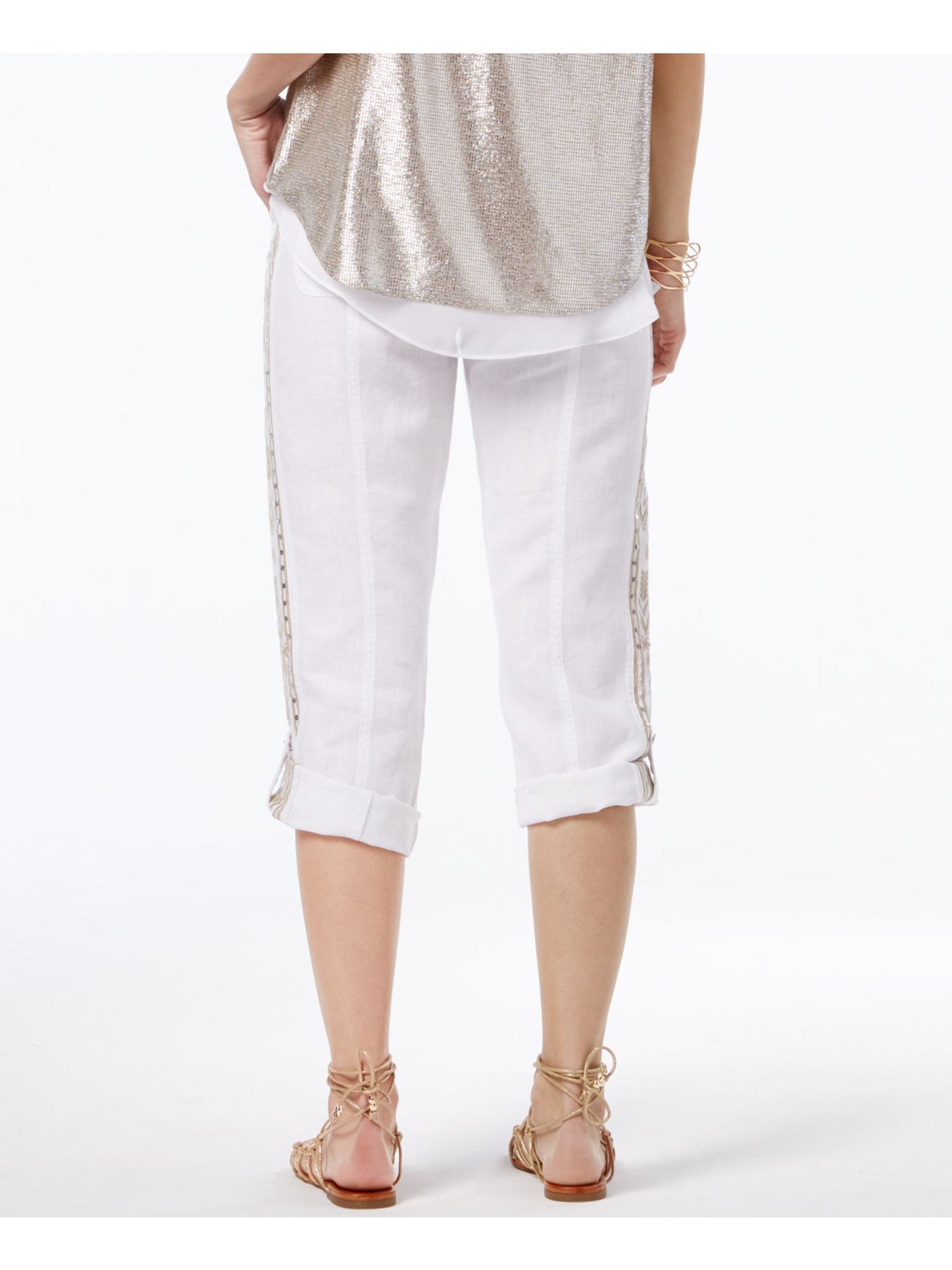 INC Womens White Sequined Cuffed Pants 14