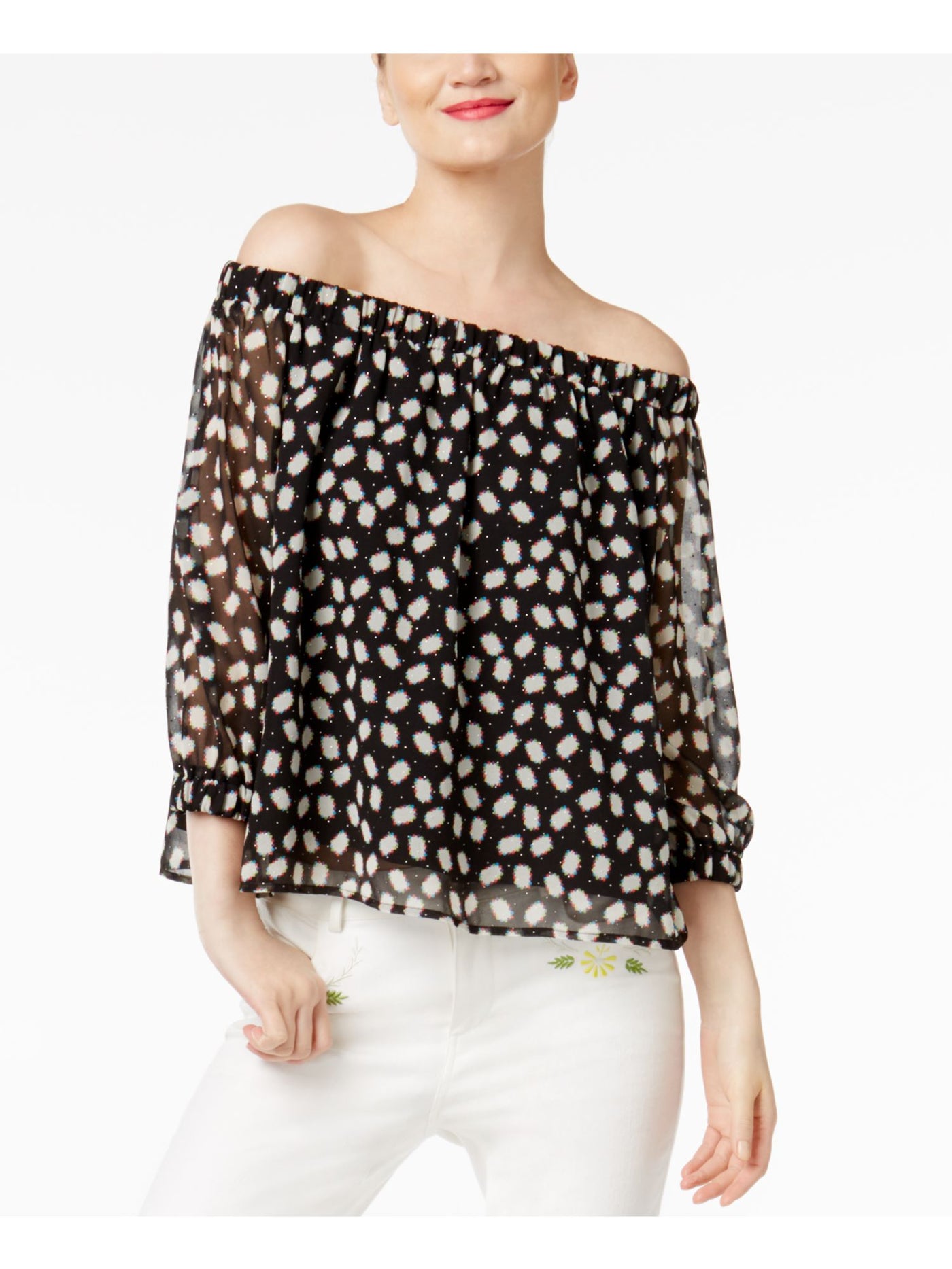 CR BY CYNTHIA ROWLEY Womens Black Printed Long Sleeve Off Shoulder Top M