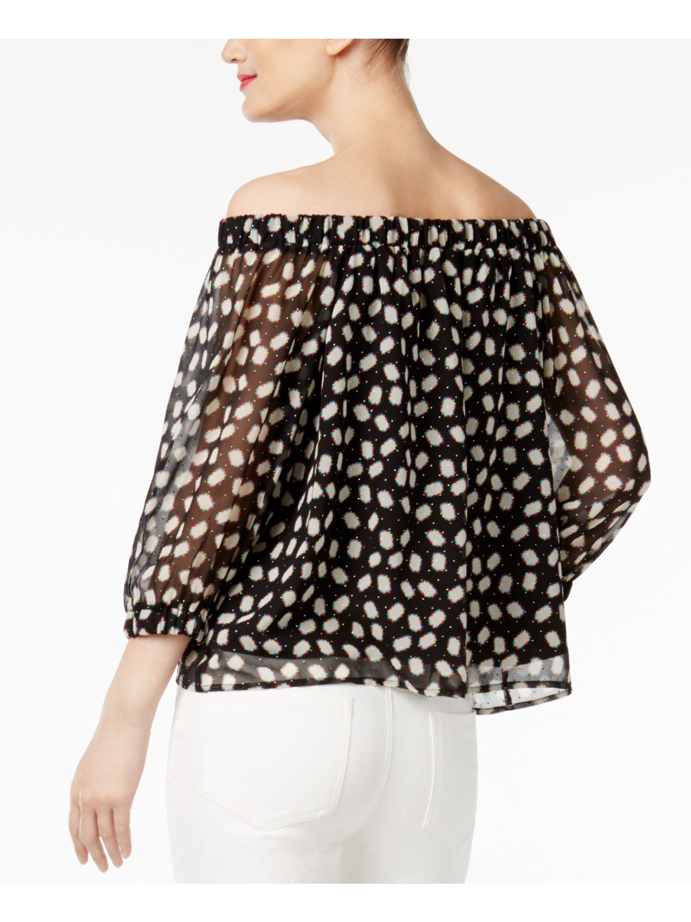 CR BY CYNTHIA ROWLEY Womens Black Printed Long Sleeve Off Shoulder Top M