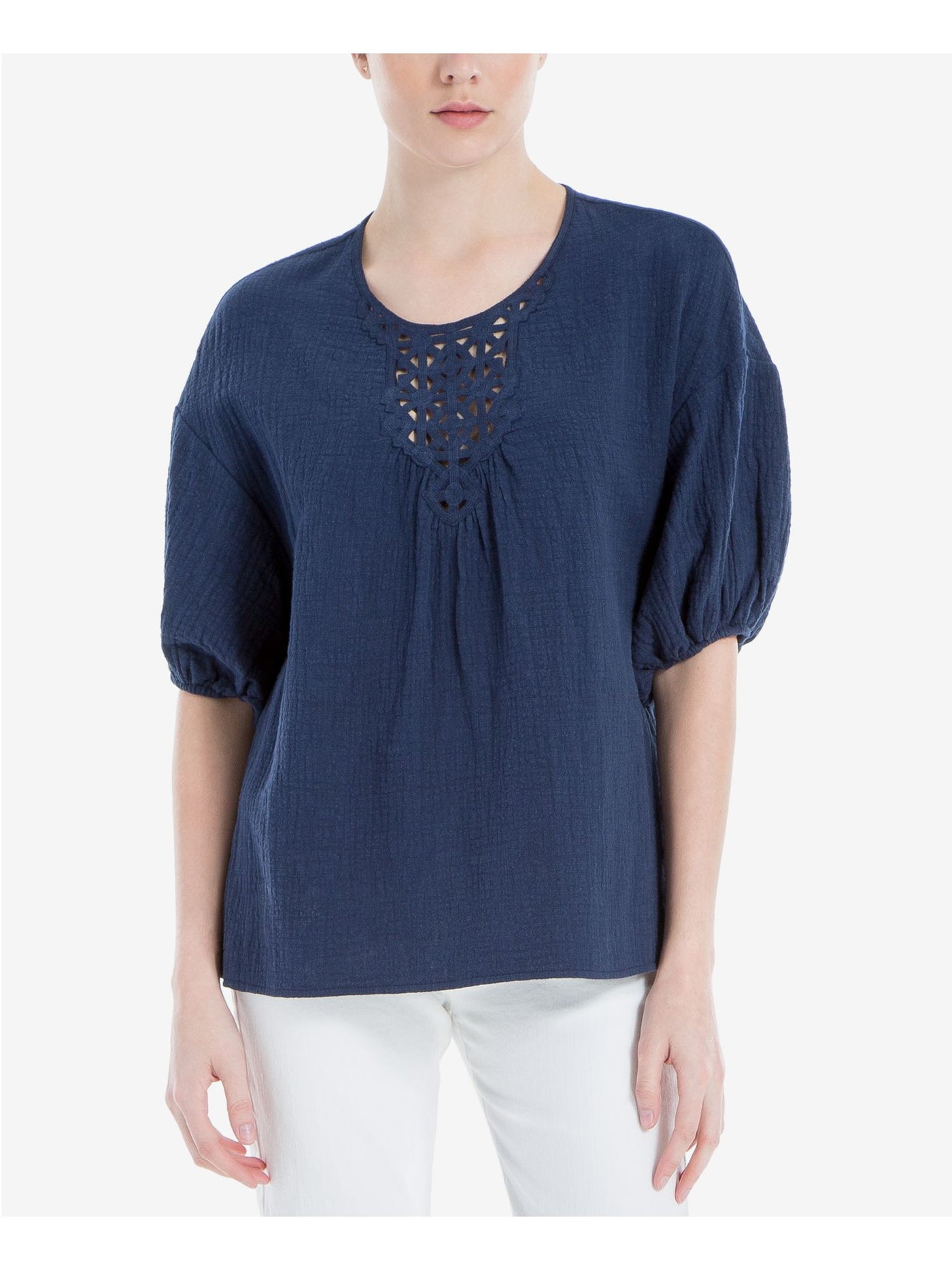 MAX STUDIO Womens Navy Embroidered Jewel Neck 3/4 Sleeve Top XS