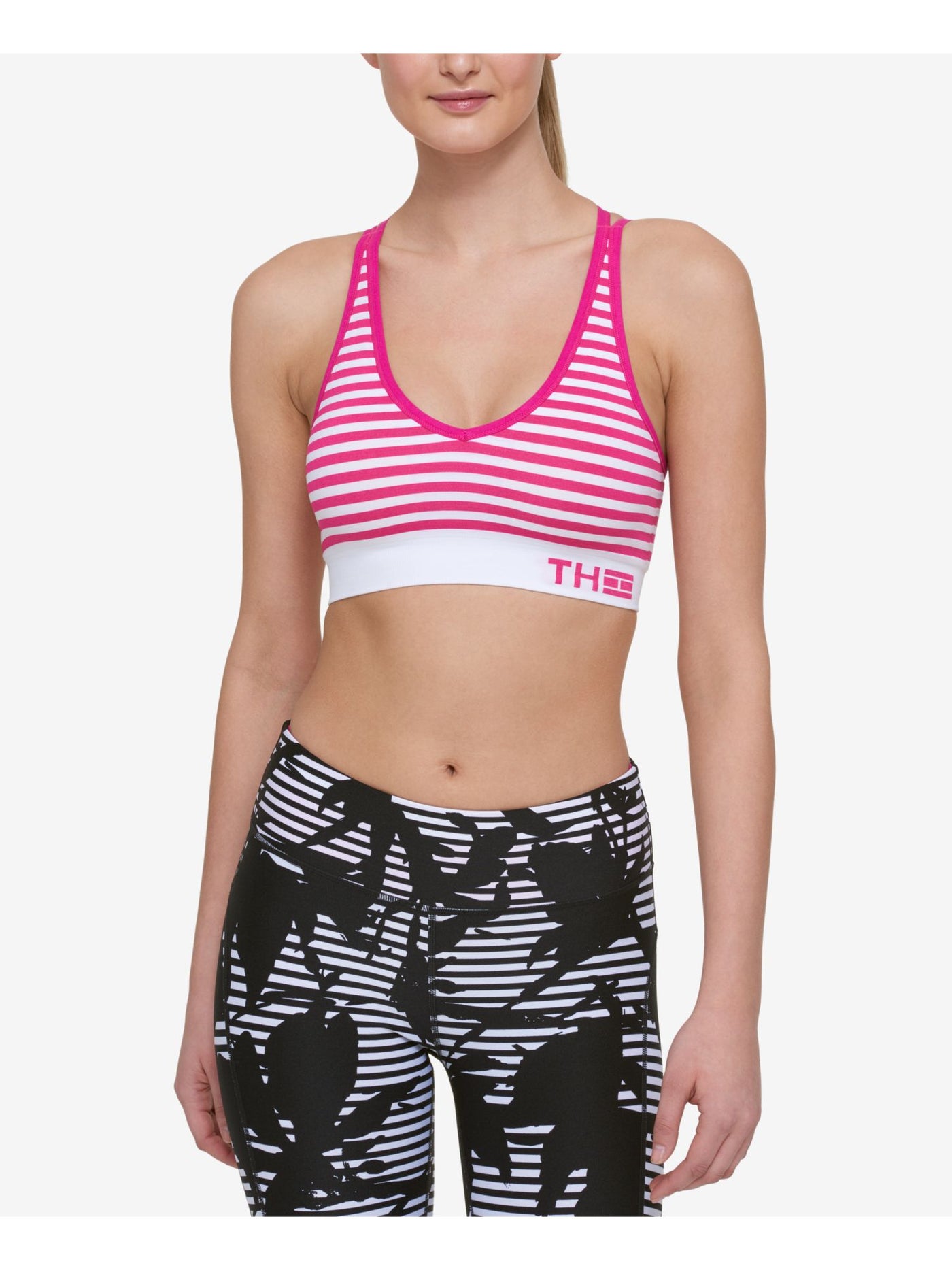 TOMMY HILFIGER Intimates Pink Criss Cross Back Striped Sports Bra XS