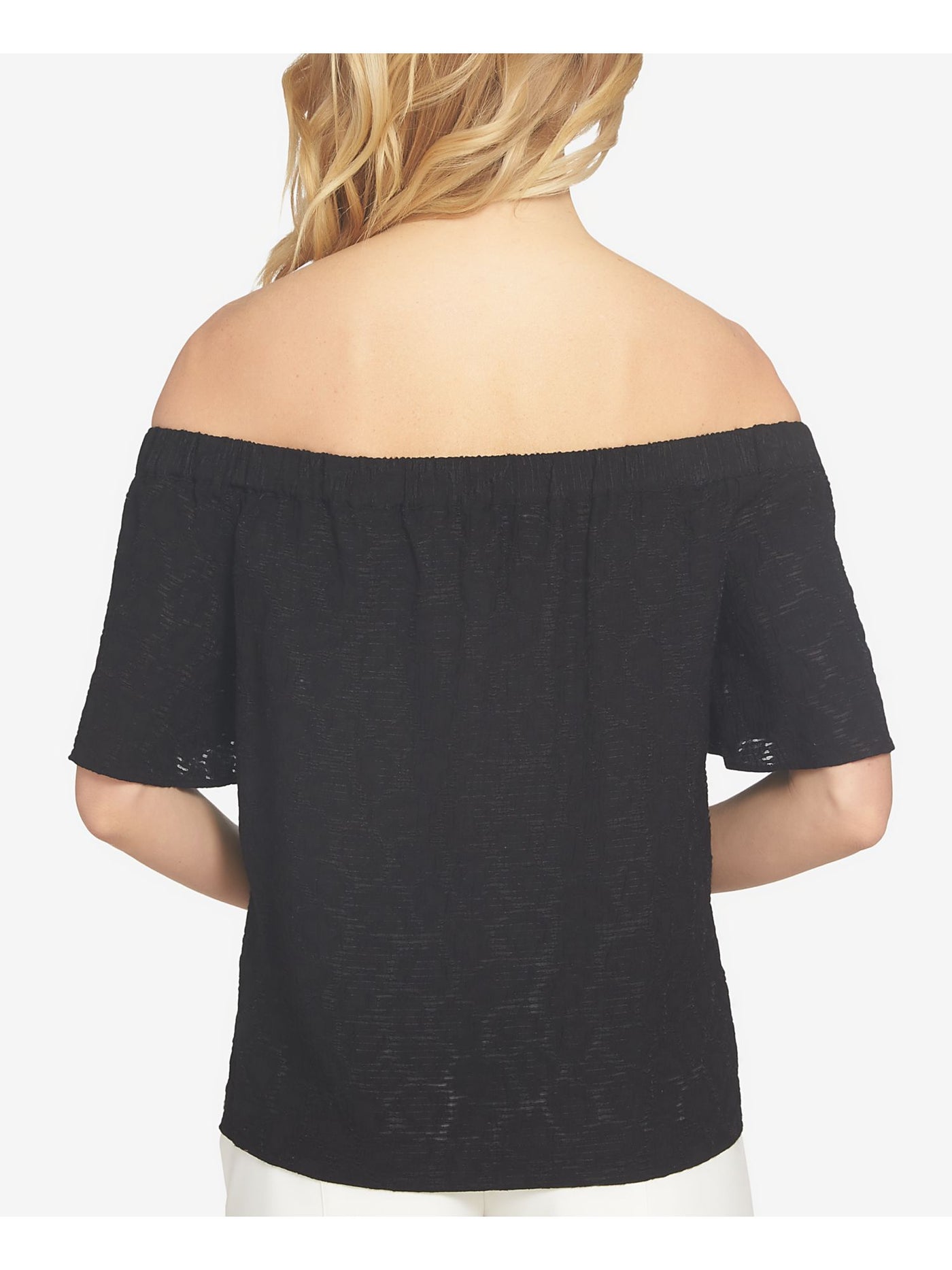 1. STATE Womens Black Textured Short Sleeve Off Shoulder Top XS