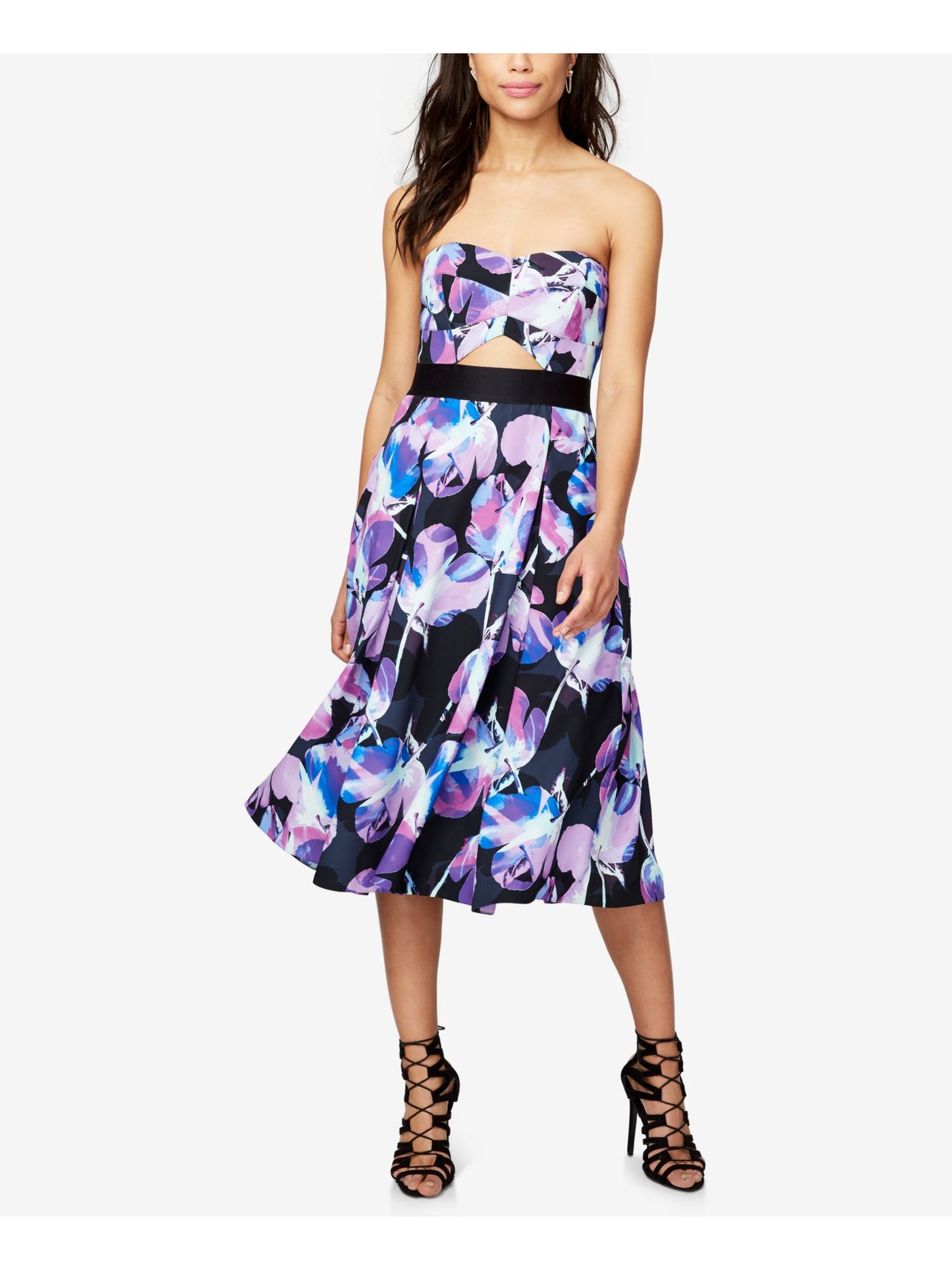 RACHEL RACHEL ROY Womens Black Zippered Pleated Removeable Straps Cut-out Lined Floral Sleeveless Strapless Below The Knee Party Fit + Flare Dress 6