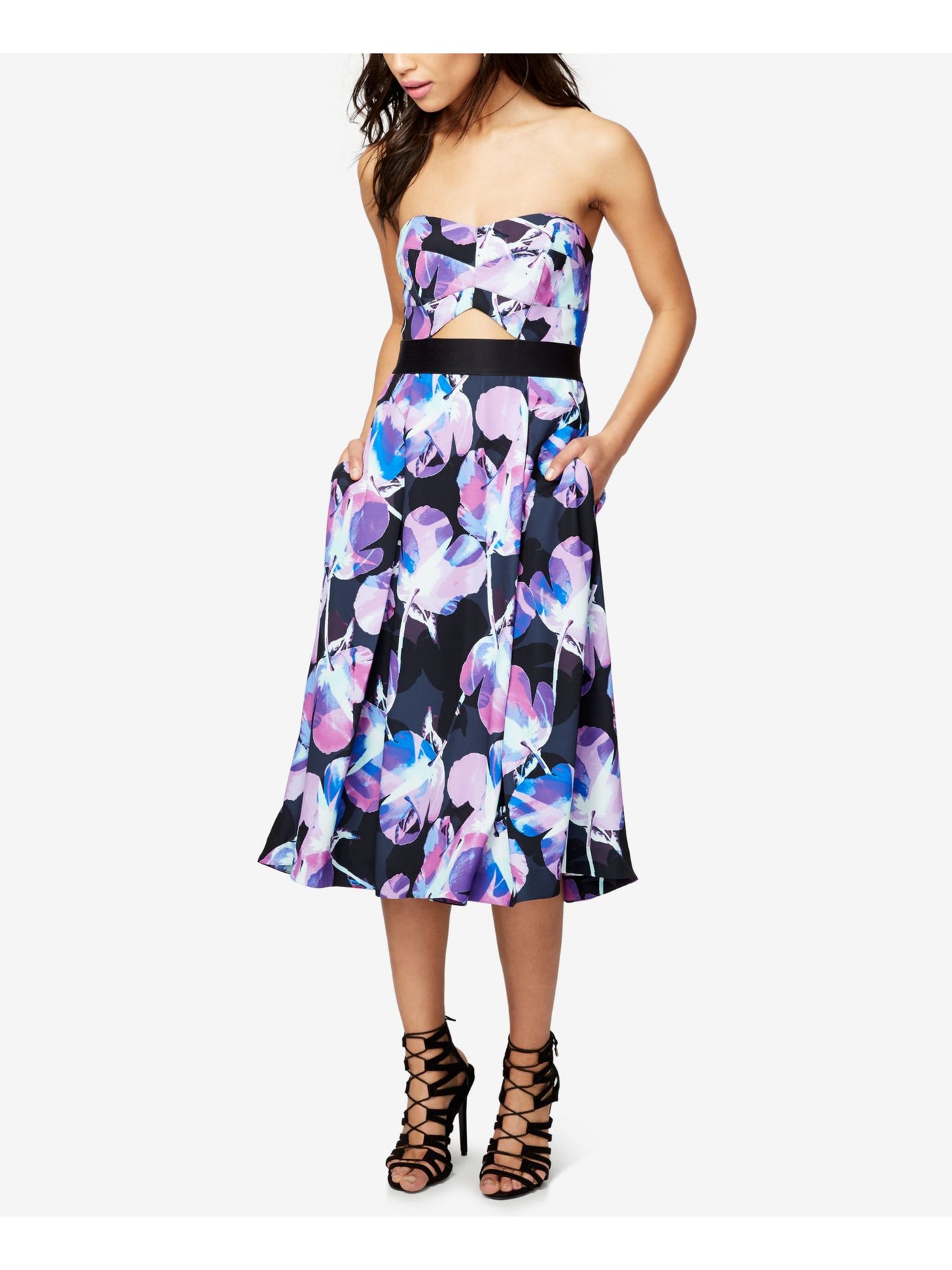 RACHEL RACHEL ROY Womens Black Zippered Pleated Removeable Straps Cut-out Lined Floral Sleeveless Strapless Below The Knee Party Fit + Flare Dress 6