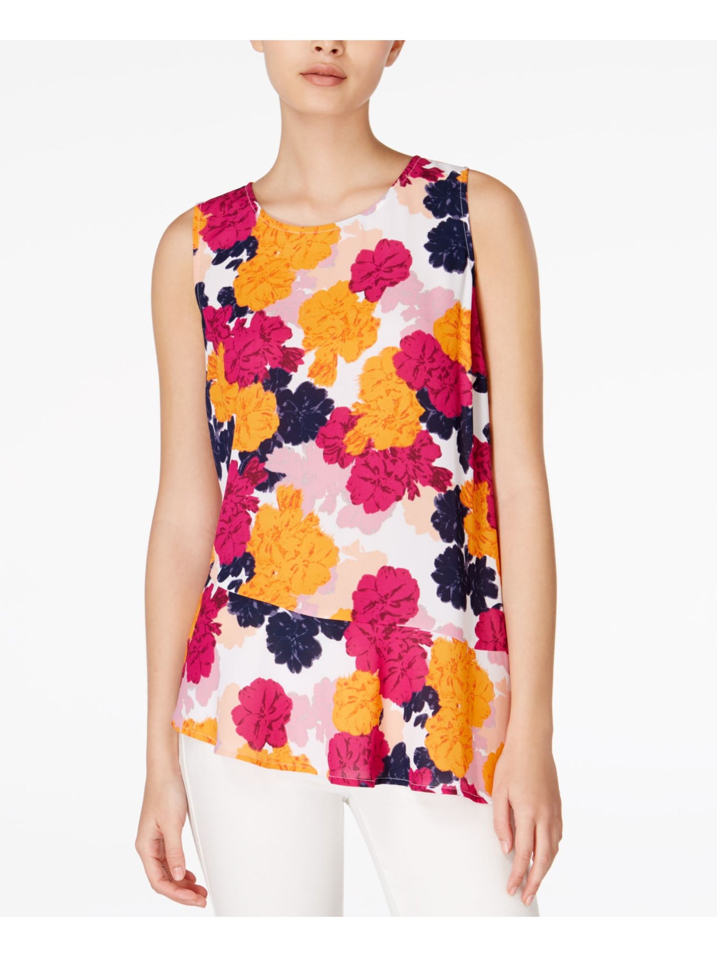 MAISON JULES Womens Purple Ruffled Floral Sleeveless Jewel Neck Peplum Top XS