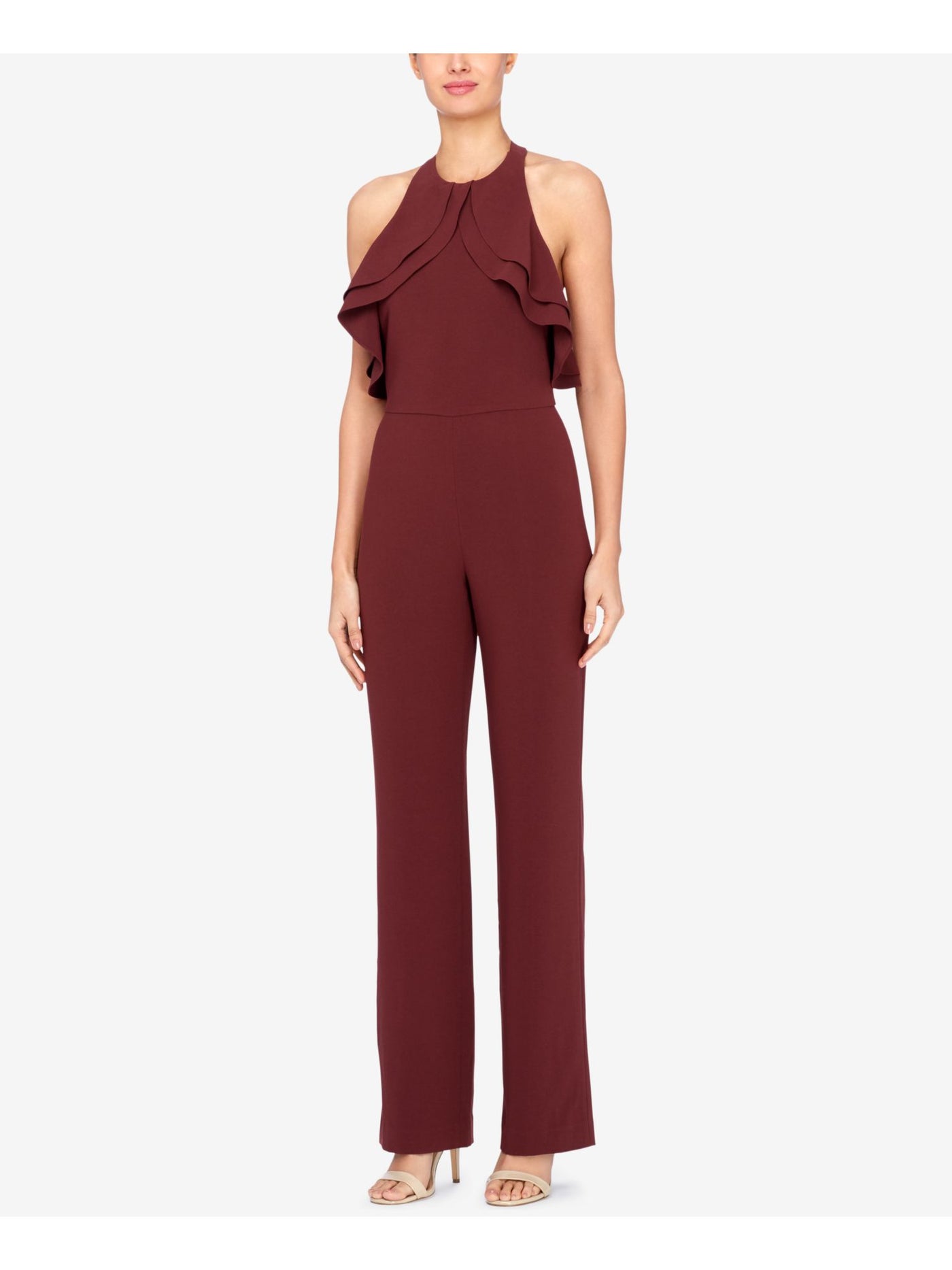 CATHERINE MALANDRINO Womens Burgundy Sleeveless Halter Party Jumpsuit Size: 10