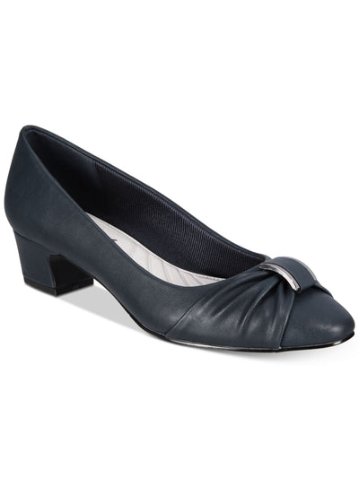 EASY STREET Womens Navy Padded Ruched Eloise Round Toe Block Heel Slip On Pumps Shoes 7.5 WW