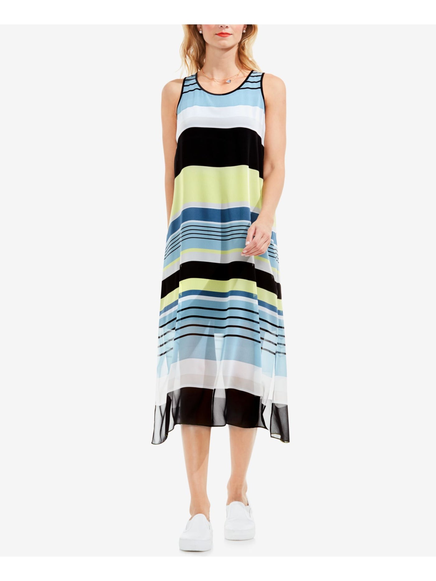 VINCE CAMUTO Womens Blue Striped Sleeveless Tea Length Shift Dress Size: XS