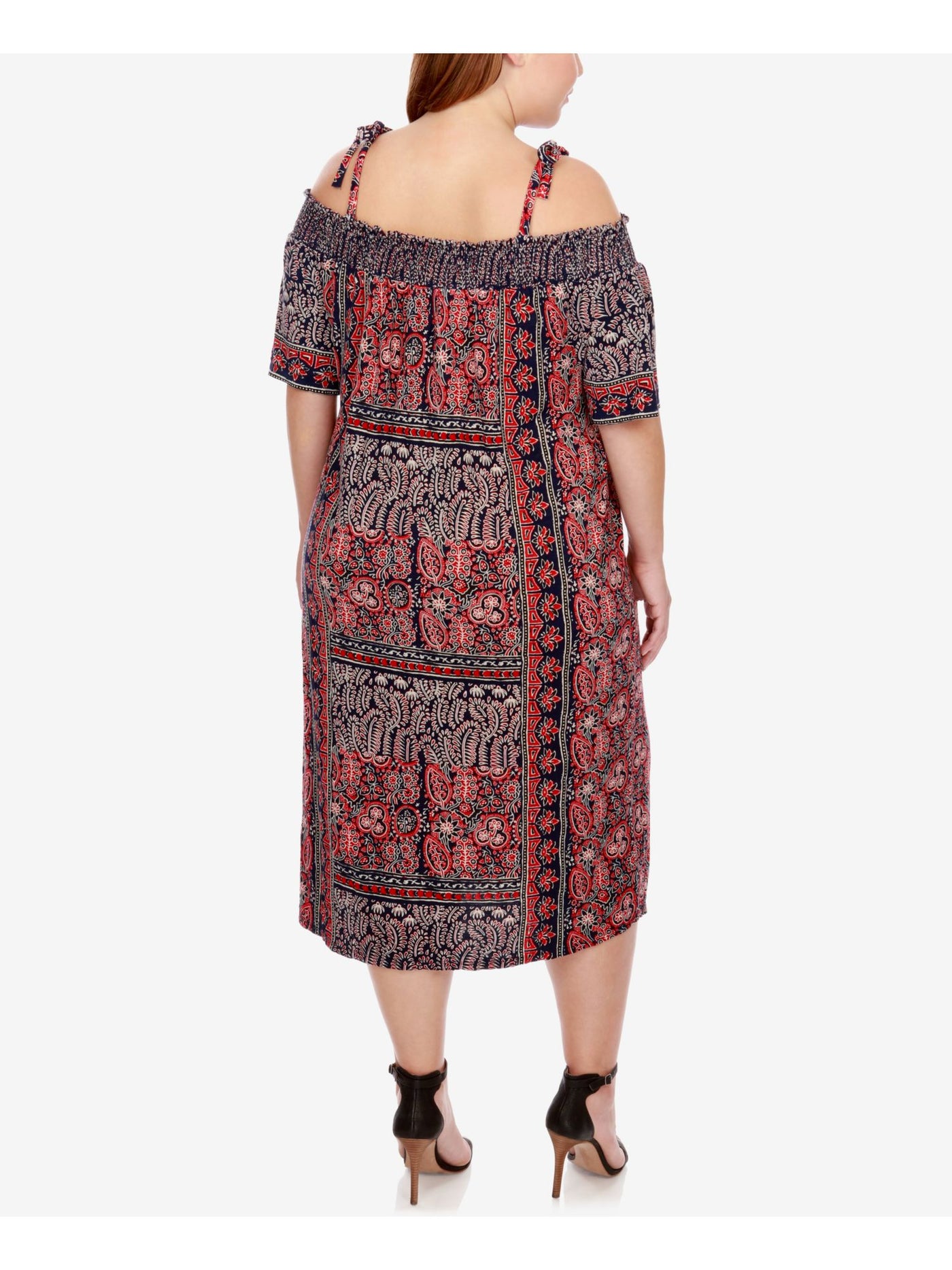 LUCKY BRAND Womens Navy Stretch Smocked Pocketed Tie-shoulders Printed Elbow Sleeve Off Shoulder Midi Cocktail Peasant Dress Plus 2X