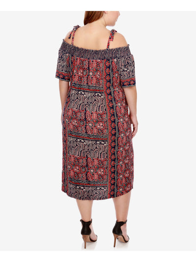LUCKY BRAND Womens Navy Stretch Smocked Pocketed Tie-shoulders Printed Elbow Sleeve Off Shoulder Midi Cocktail Peasant Dress Plus 2X