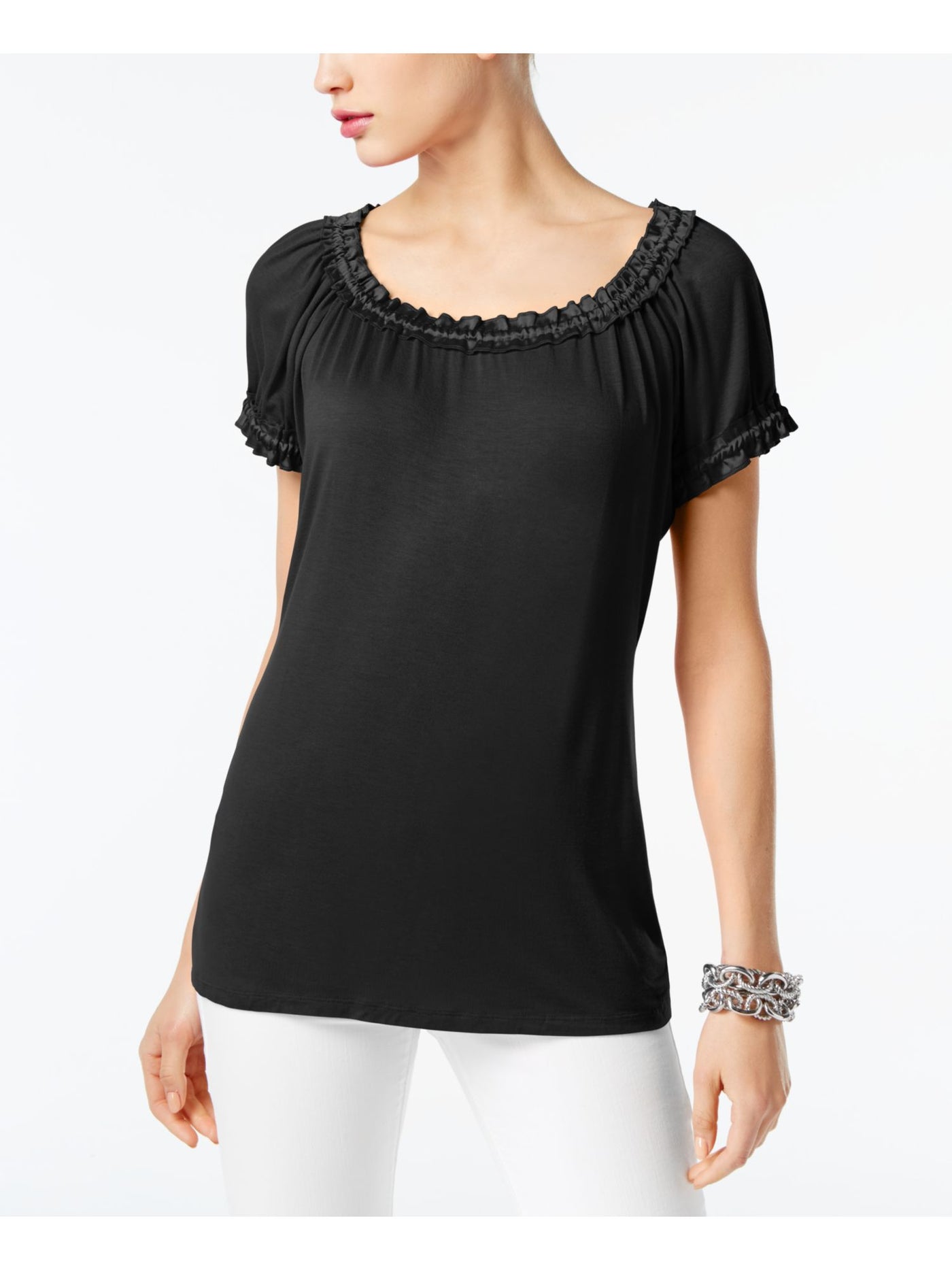 INC Womens Ruffled Short Sleeve Scoop Neck Peasant Top